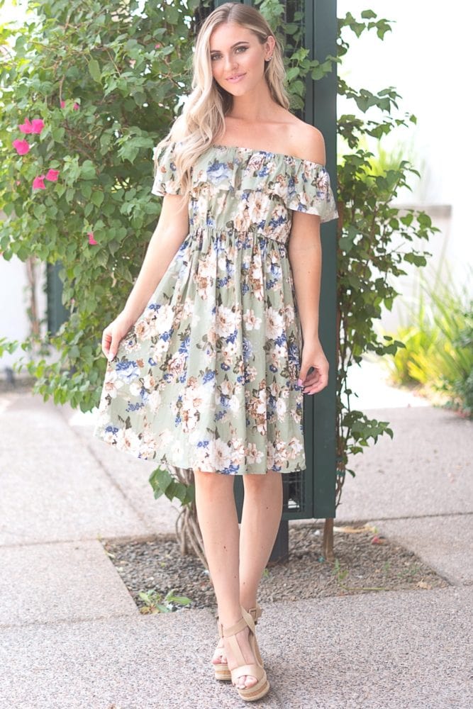 sage off the shoulder dress