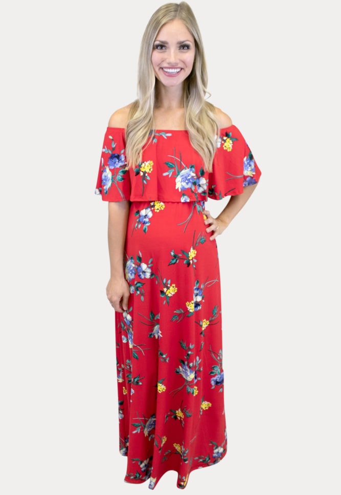red floral maternity maxi dress