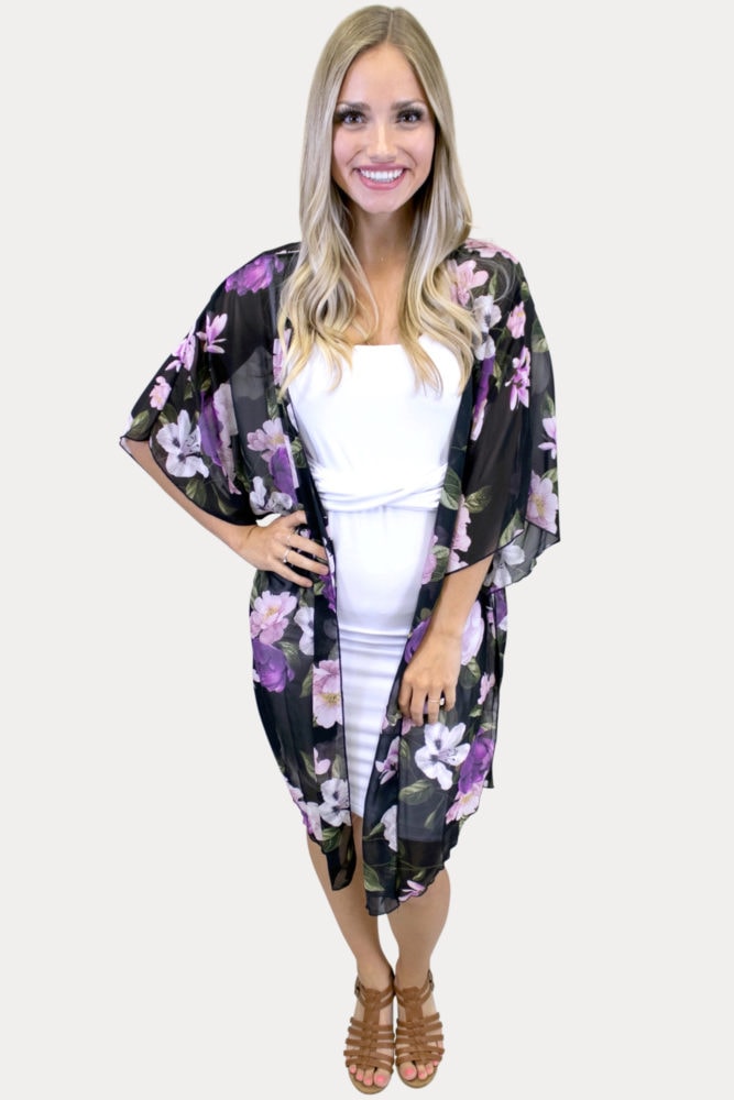 Sheer Floral Kimono in Black