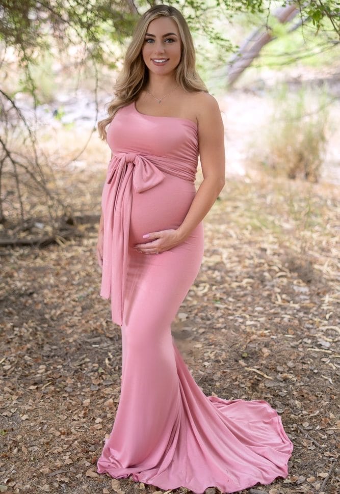 flattering one shoulder maternity gown