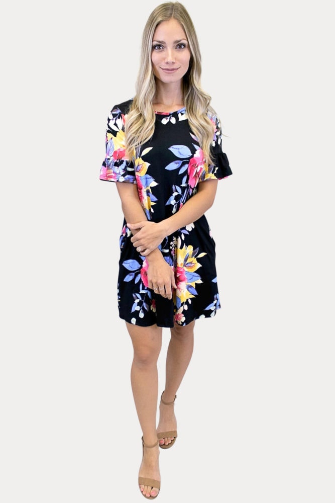 black ruffle sleeve dress