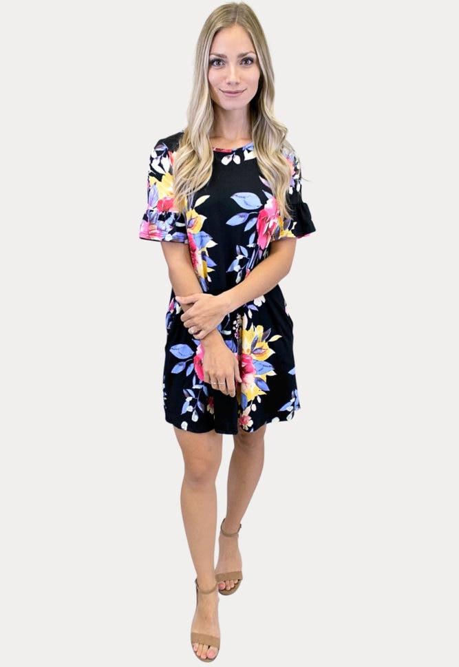black ruffle sleeve dress