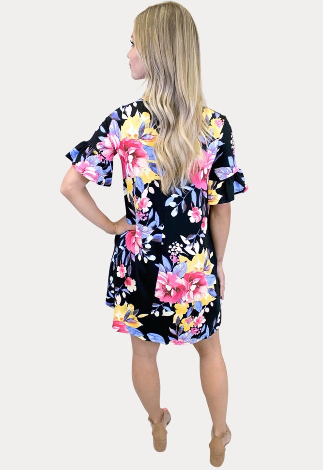 black ruffle sleeve dress