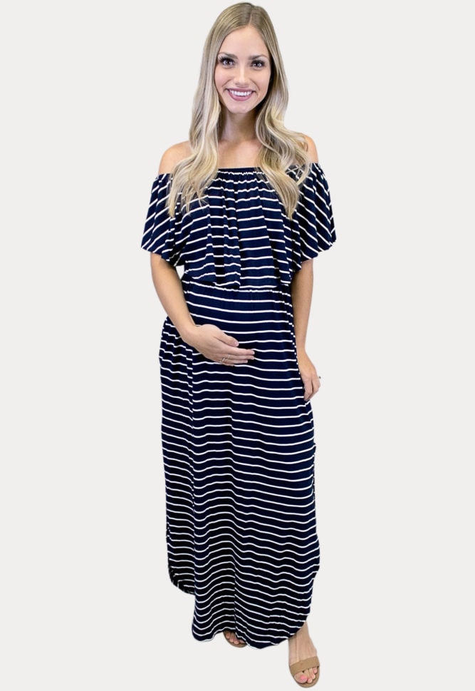 off shoulder striped maternity maxi