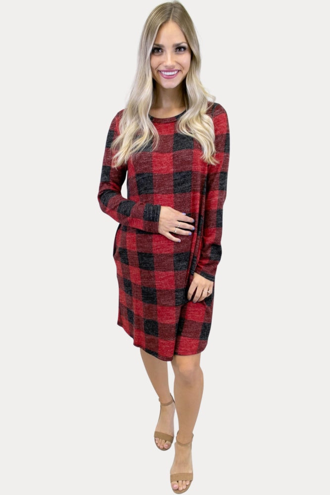 red buffalo plaid maternity dress