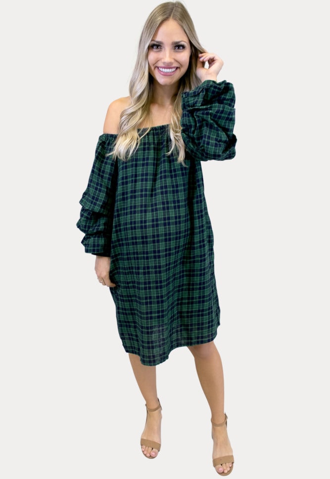 green plaid maternity dress