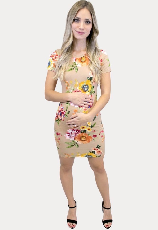 tan floral maternity dress
