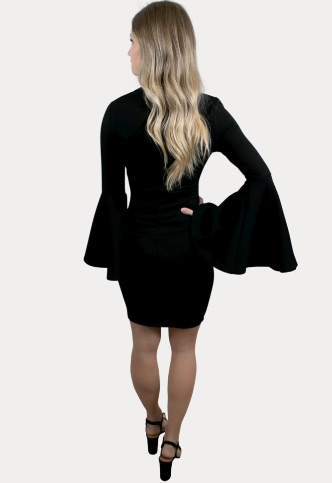 mock neck bell sleeve maternity dress