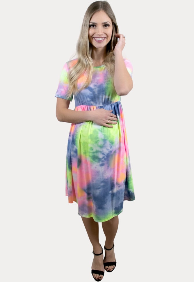 bright tie dye maternity dress