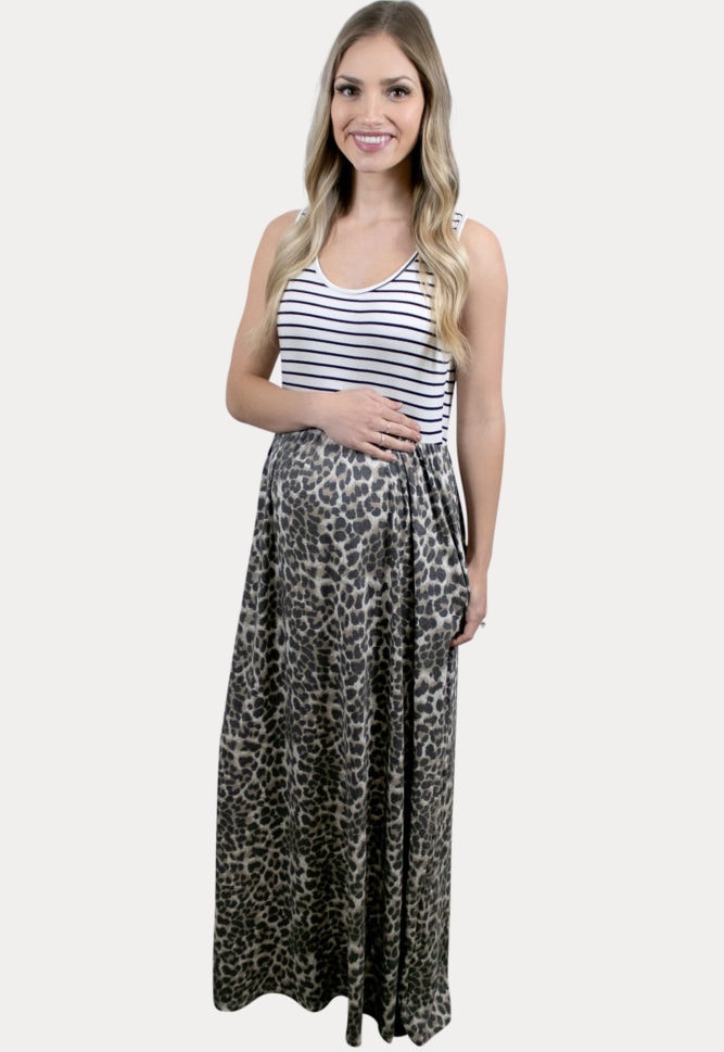 leopard color block pregnancy maxi