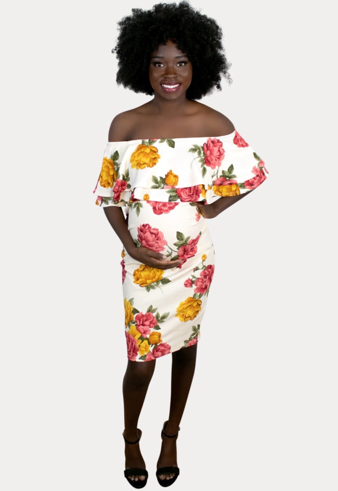 cream floral maternity bodycon