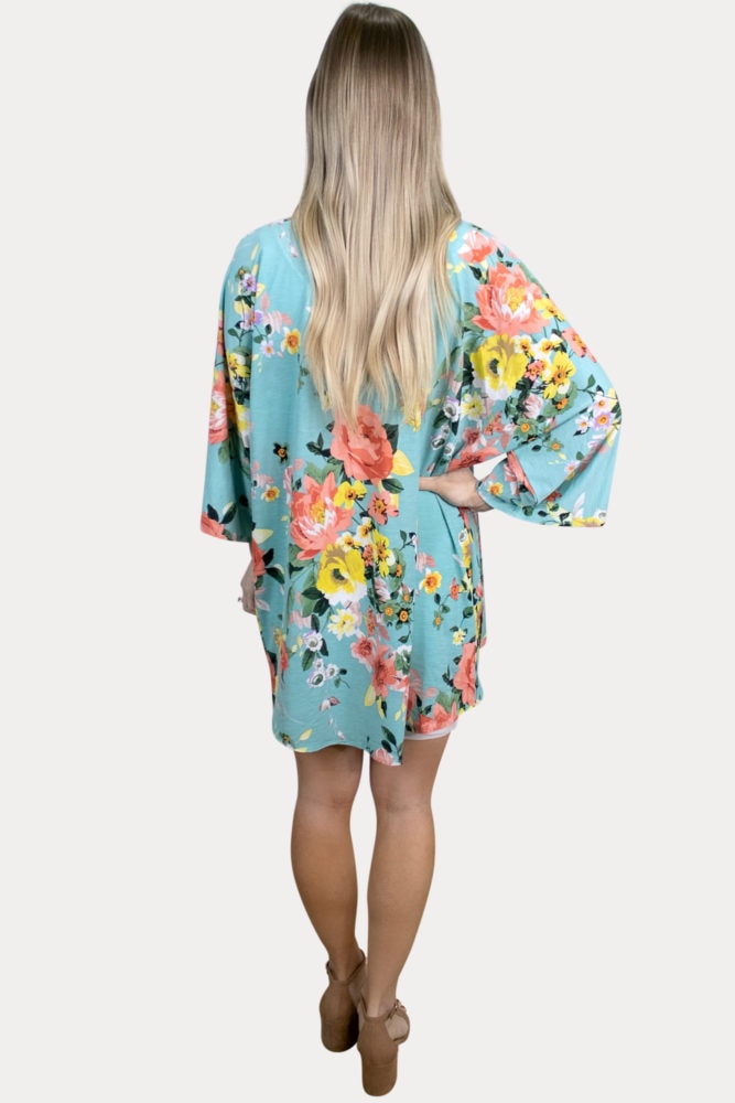 turquoise floral maternity kimono