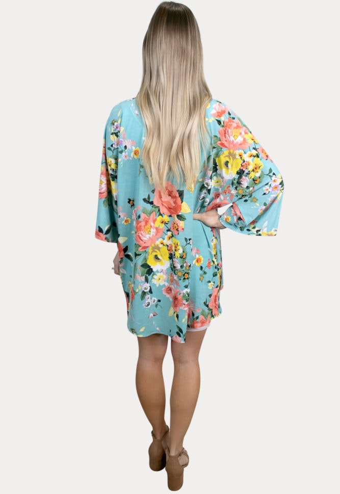 turquoise floral maternity kimono