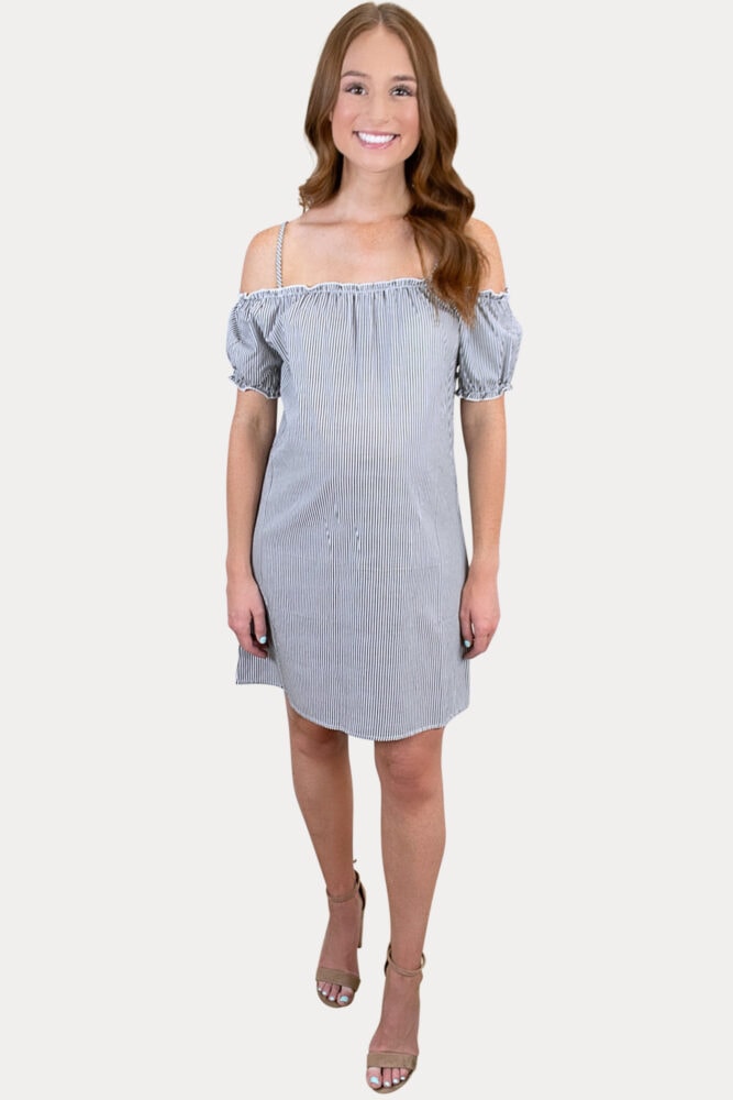 off the shoulder striped maternity dress