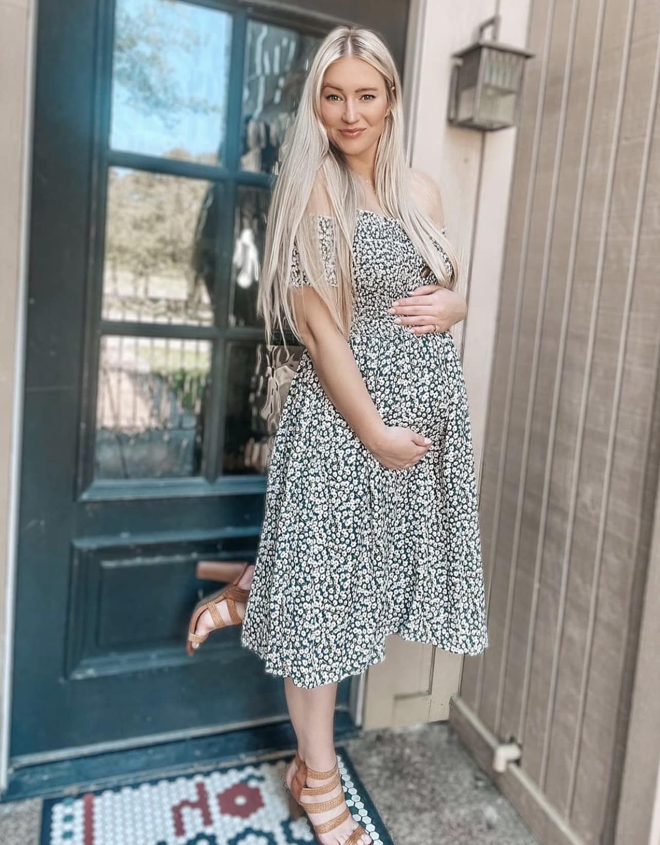 Smocked Button Front Floral Maternity Dress in Navy