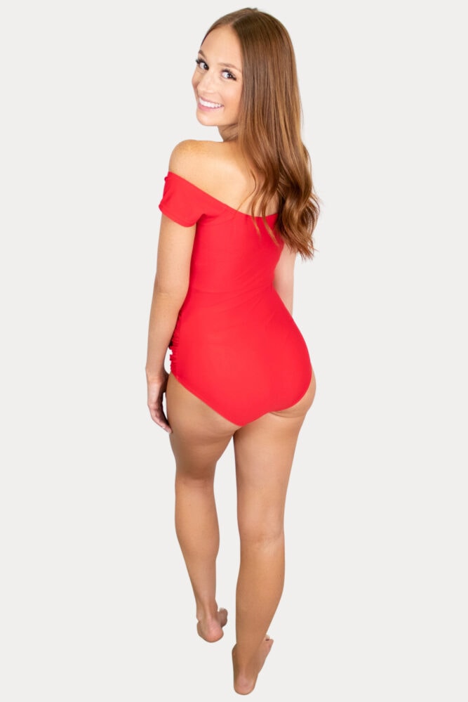 red off the shoulder maternity swimsuit