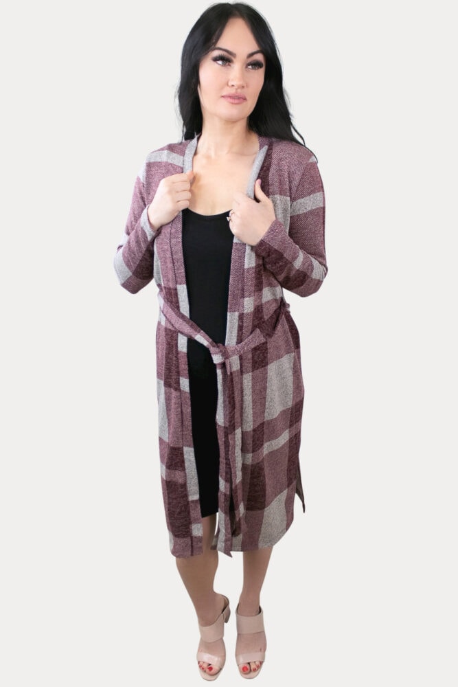 burgundy plaid pregnancy kimono