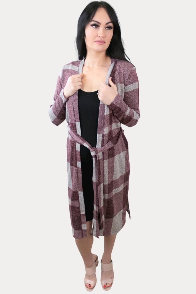 burgundy plaid pregnancy kimono