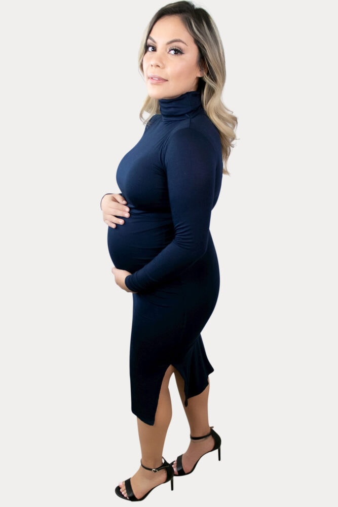 side-slit turtleneck maternity dress