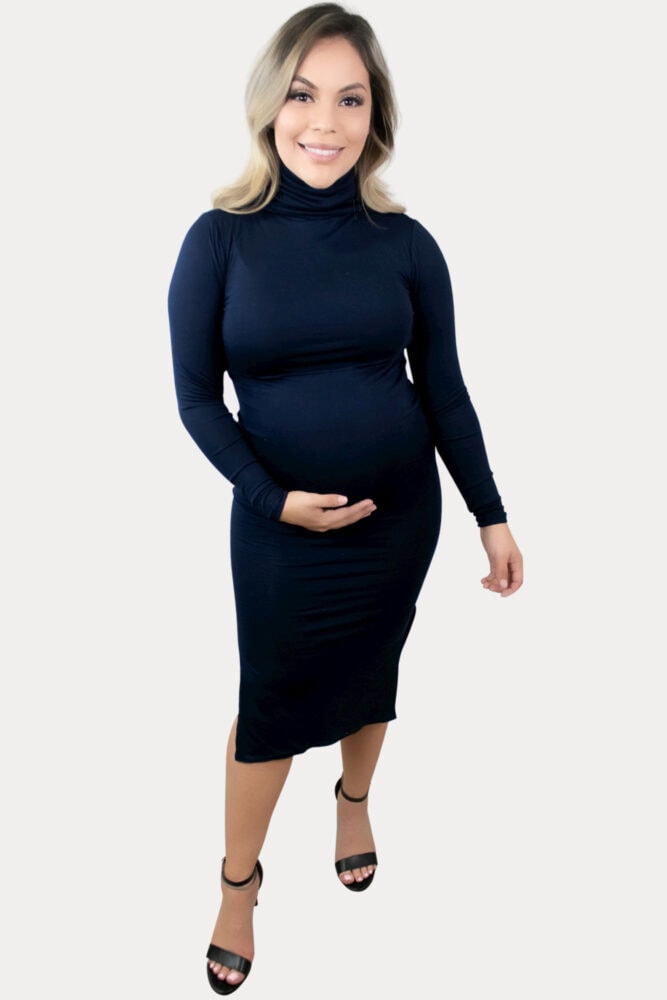side-slit turtleneck maternity dress