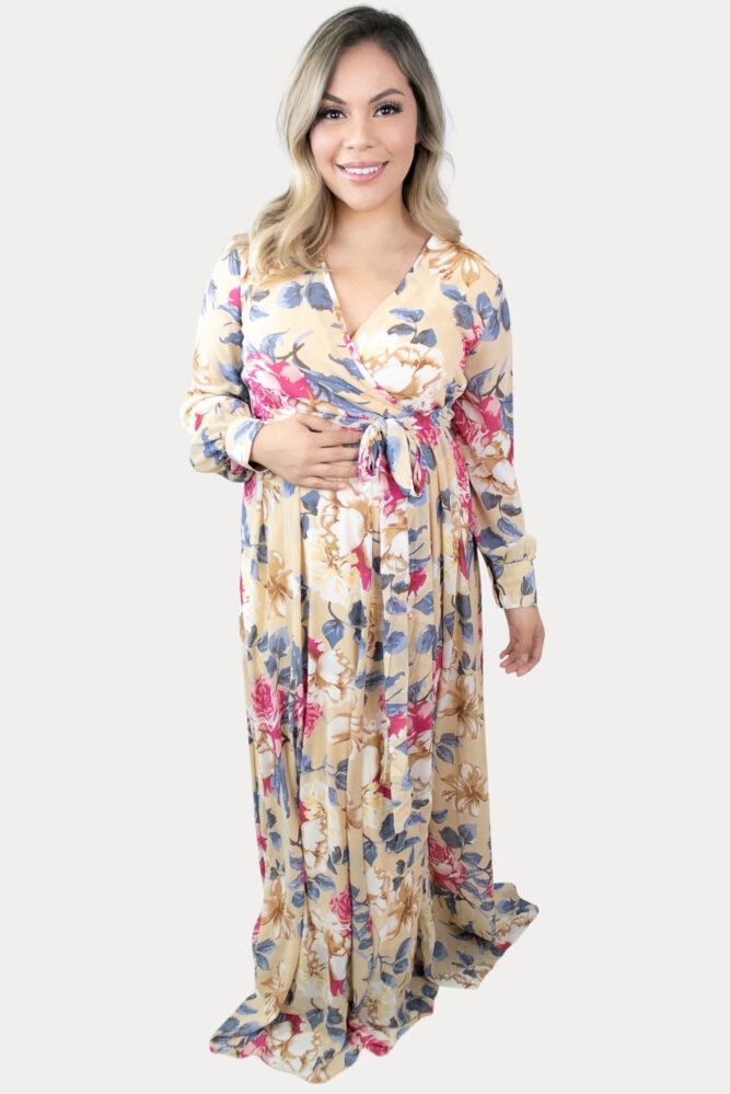 This is the perfect tie-front floral maternity maxi. Features a gorgeous gentle tan, with a standout large floral print.