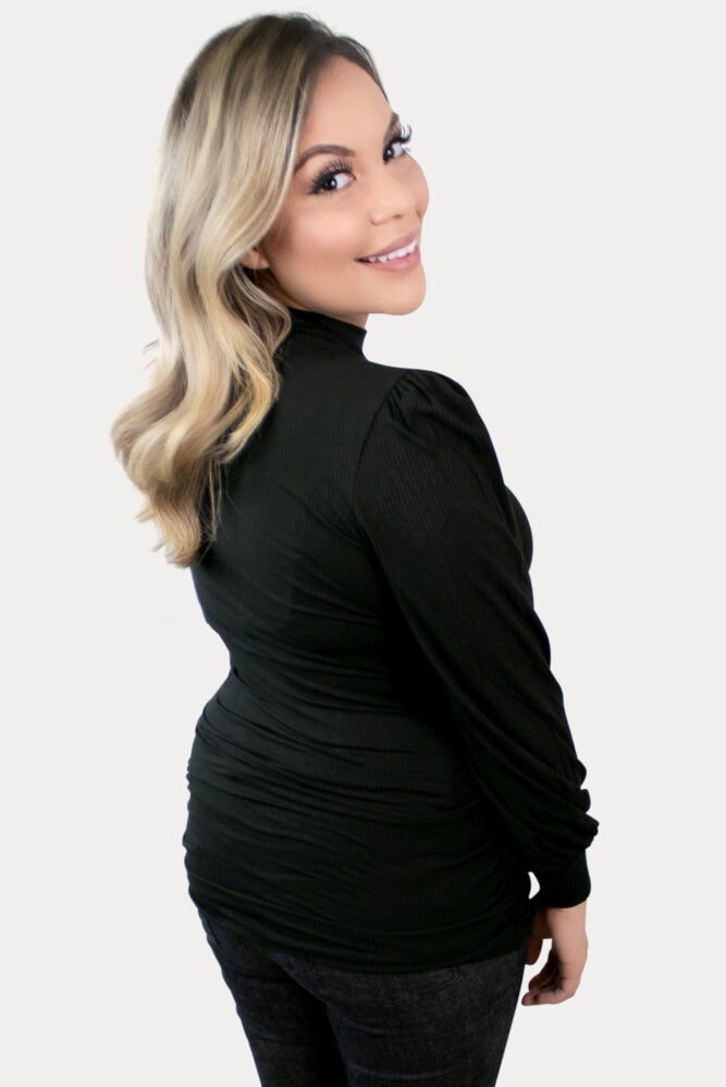 Mock Neck Maternity Top with Bishop Sleeves in Black