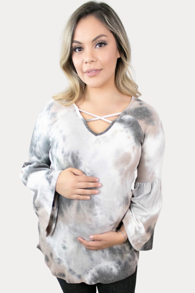 bell-sleeve tie-dye maternity top