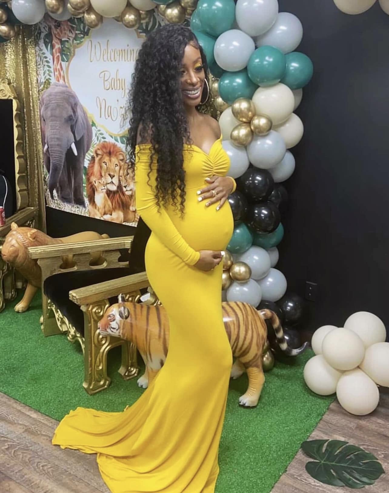 Long-Sleeve Baby Shower Maternity Gown with Mini Train