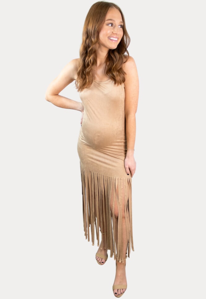 suede fringe maternity dress