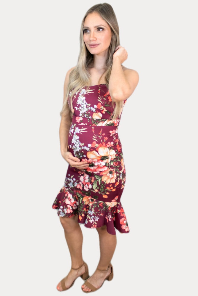 burgundy ruffle maternity dress