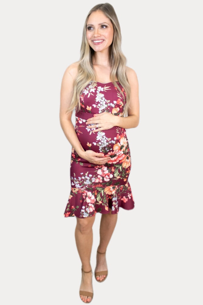burgundy ruffle maternity dress