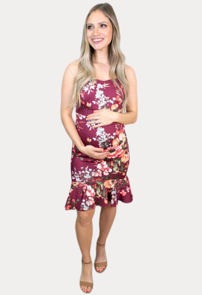 burgundy ruffle maternity dress