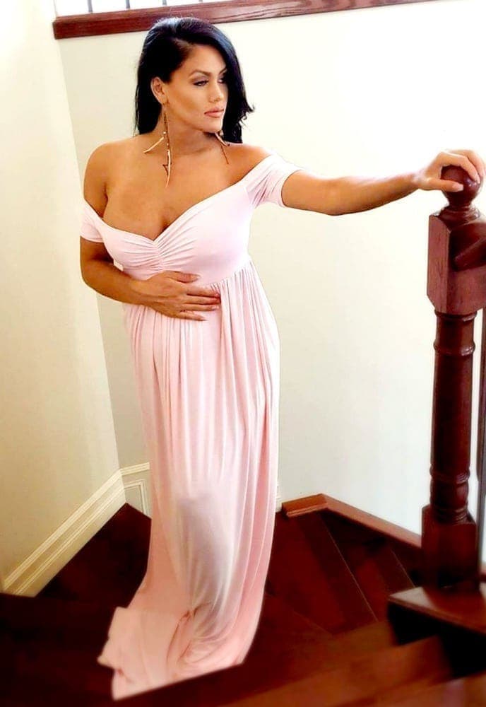 Ruched Short-Sleeve Off the Shoulder Maternity Gown in Pink