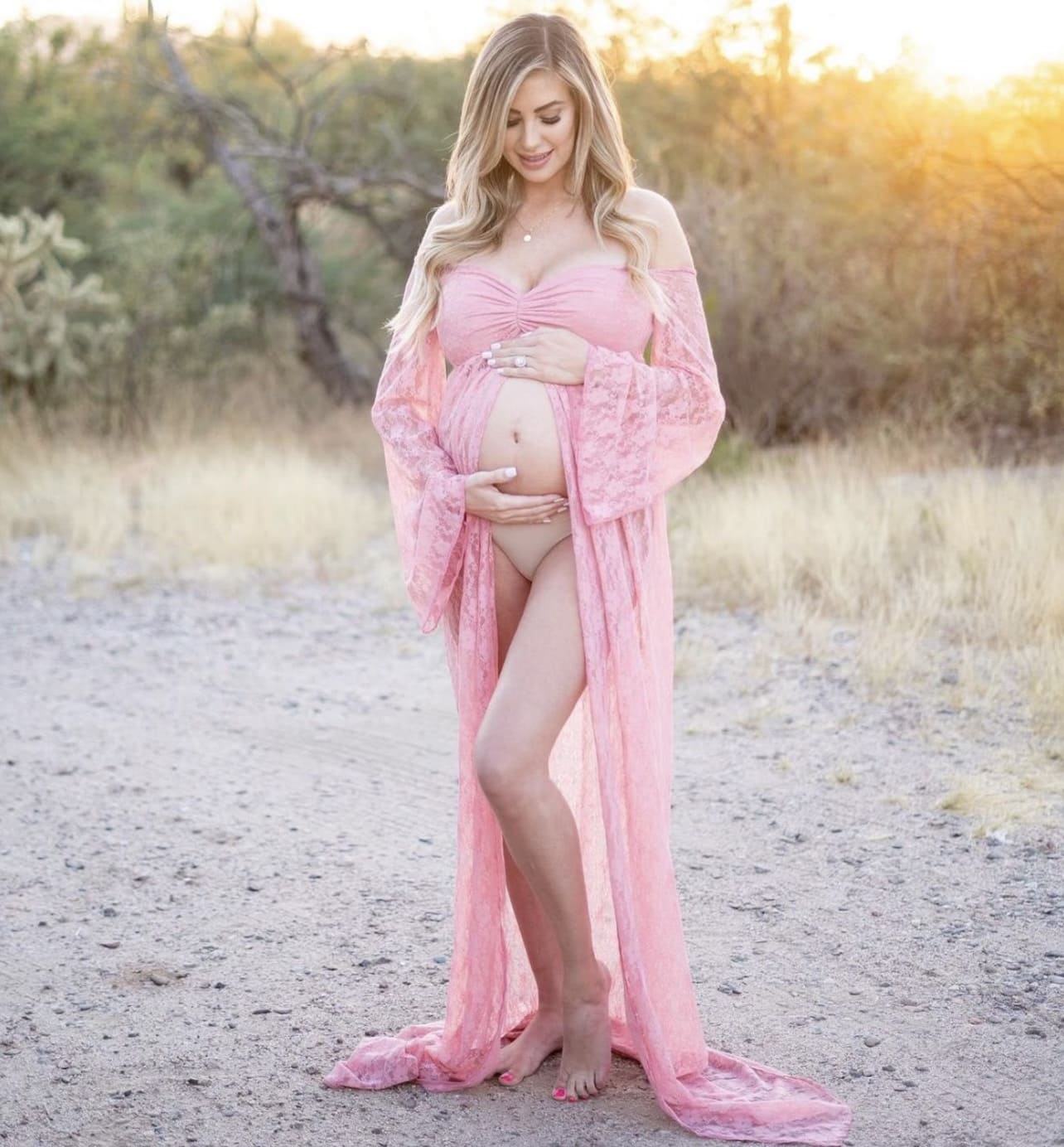 Bell-Sleeve Open Lace Maternity Gown in Pink Blush