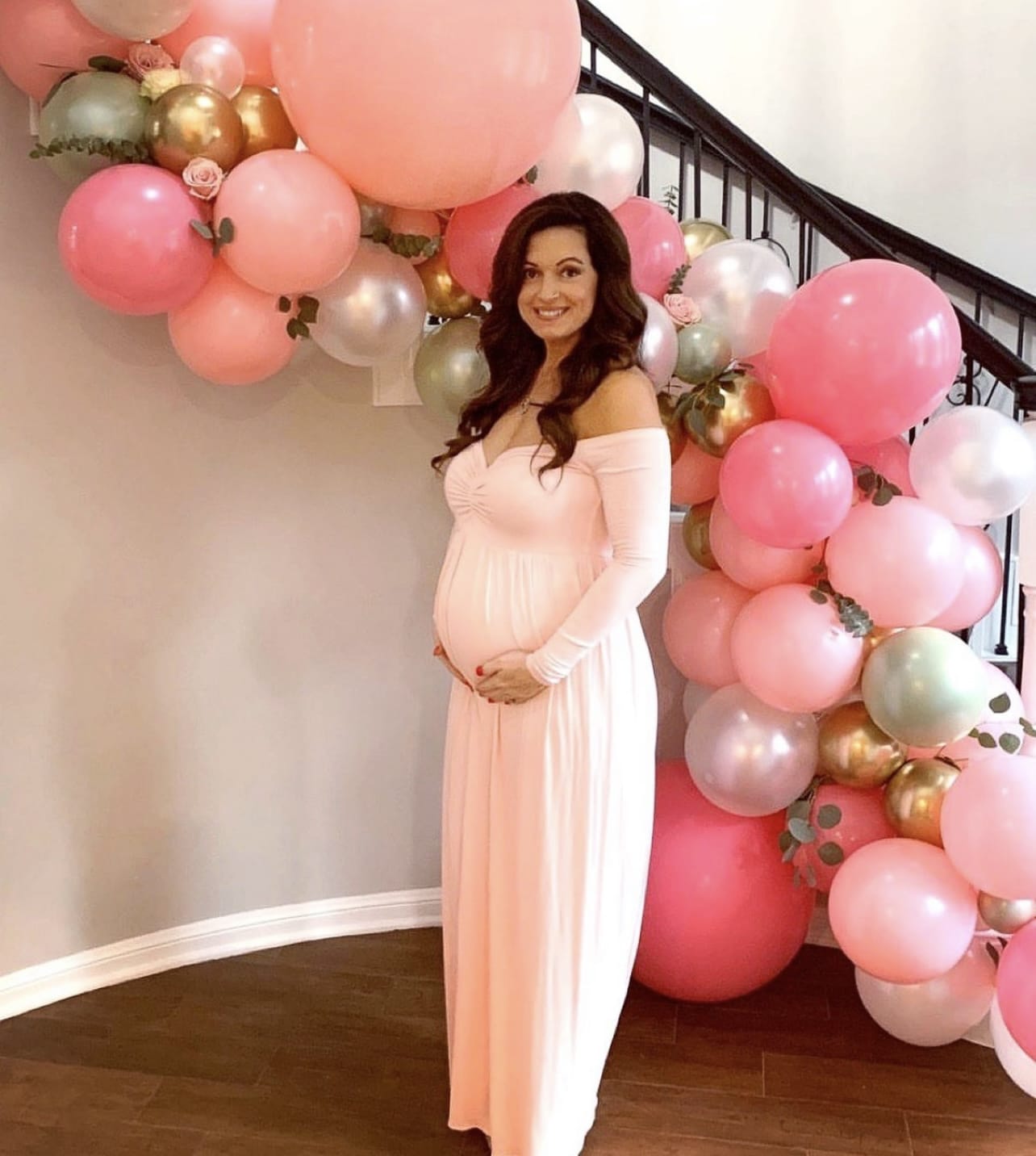 Ruched Long-Sleeve Off the Shoulder Maternity Gown in Pink