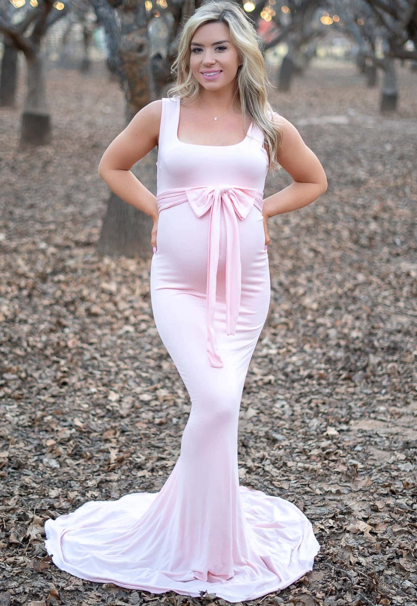 Tie Front Maternity Gown with Mini Train in Baby Pink