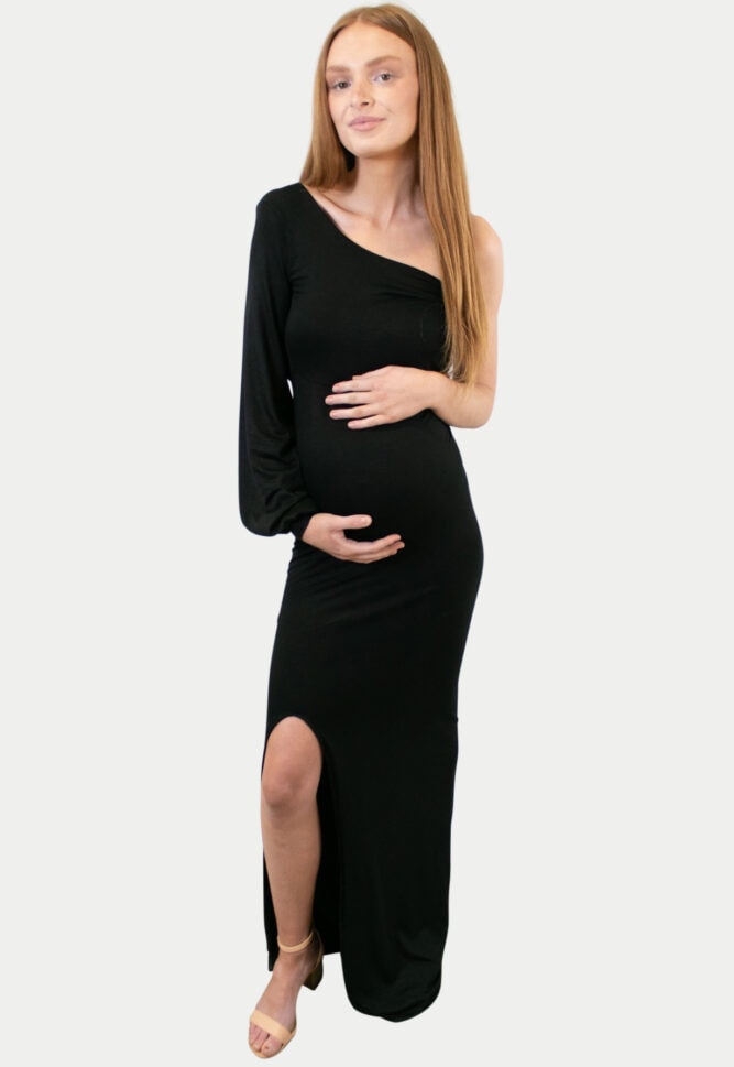 Bishop Sleeve One Shoulder Maternity Gown with Front Slit